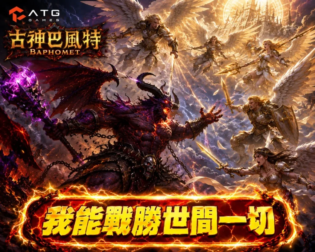 古神巴風特主題宣傳圖，巨大惡魔巴風特與天使軍團展開史詩級決戰，呈現黑暗與光明對抗的震撼場景。